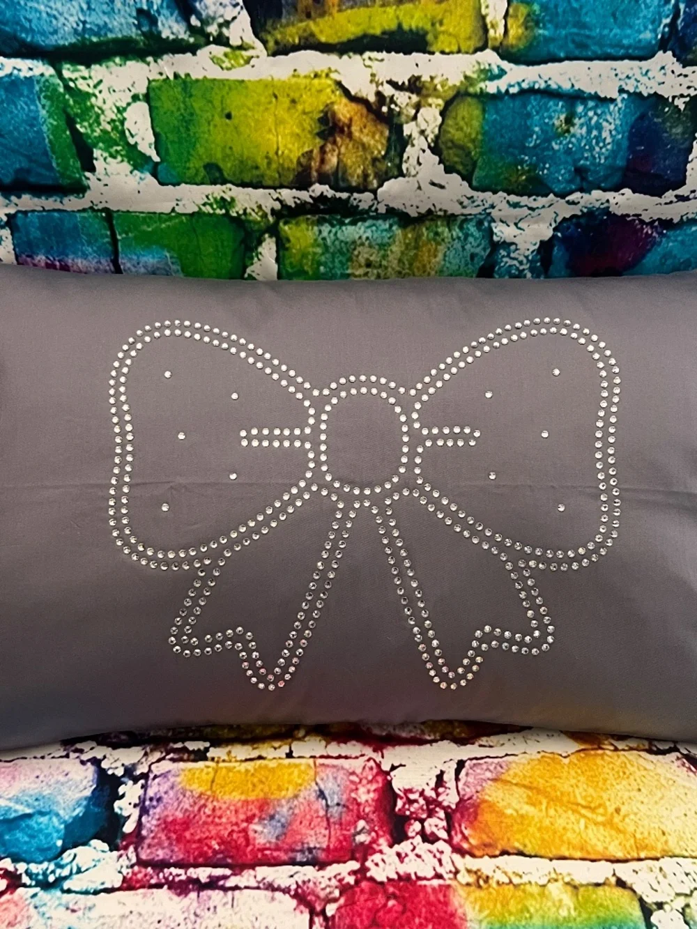 Gray Decorative Pillow with Rhinestone Bow Accent [40R]
